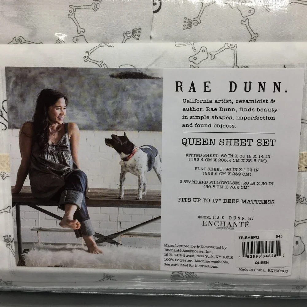 4pc Rae Dunn Halloween QUEEN Sheet Set Skeleton Scaredy Black Cat Spooky LL NEW